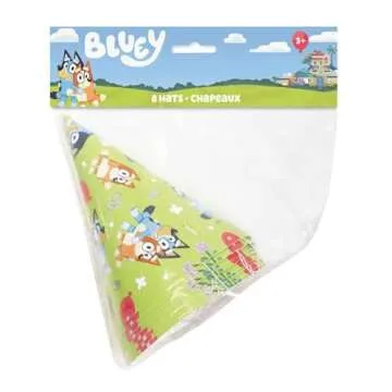 Unique Bluey Birthday Party Supplies Bundle includes 8 Party Hats, 8 Blowouts and 1 Dinosaur Sticker Sheet