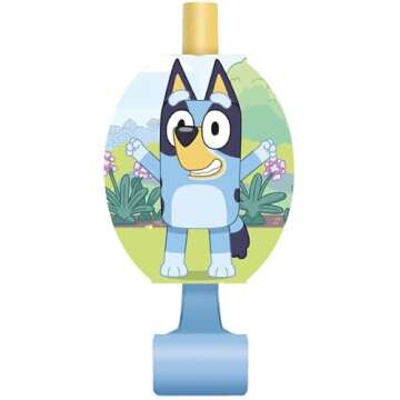 Unique Bluey Birthday Party Supplies Bundle includes 8 Party Hats, 8 Blowouts and 1 Dinosaur Sticker Sheet