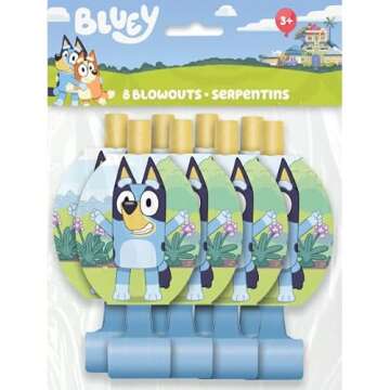 Unique Bluey Birthday Party Supplies Bundle includes 8 Party Hats, 8 Blowouts and 1 Dinosaur Sticker Sheet