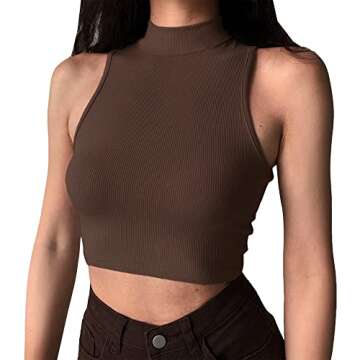 Artfish Women's Casual Sleeveless Knit Ribbed High Neck Crop Tank Top Turtleneck (Mocha Brown, S)