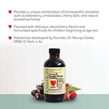 CHILDLIFE ESSENTIALS Formula 3 Kids Cough Syrup - Cough Medicine for Kids 2-11, Children's Cough Medicine, Kids Medicine with Umcka, Elderberry & Wild Cherry Bark, Gluten Free - Natural Berry, 4 Fl Oz