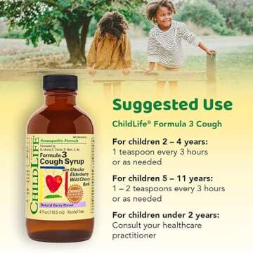 CHILDLIFE ESSENTIALS Formula 3 Kids Cough Syrup - Cough Medicine for Kids 2-11, Children's Cough Medicine, Kids Medicine with Umcka, Elderberry & Wild Cherry Bark, Gluten Free - Natural Berry, 4 Fl Oz