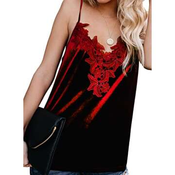 lime flare Women Sexy Sparkle Crushed Lace Trim Cami Tank Top Dressy Silk Satin Velvet Camisole Shirt (Velvet Red,X-Large)