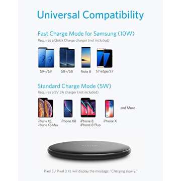 Anker 10W Max Wireless Charger, 313 Wireless Charger (Pad), Qi-Certified Wireless Charging for iPhone 14/14 Pro/14 Plus/14 Pro Max, 10W Fast Charging for Galaxy S20/S10/S9/S8, Note10 (No AC Adapter)