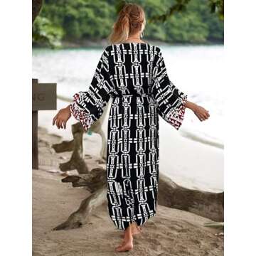 Checked Beach Kimono Cover ups for Women 3/4Sleeve Kimono Duster Light Weight Kimono Cover up Loose ...