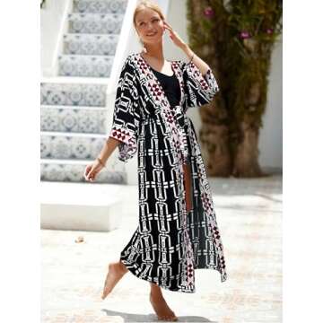 Checked Beach Kimono Cover ups for Women 3/4Sleeve Kimono Duster Light Weight Kimono Cover up Loose Swimwear Cover ups Kimono Robes Open Front Summer Cardigans Beach Cover up with Belt (778 Check)