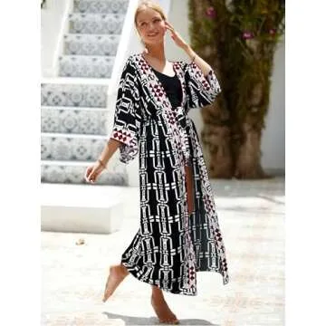 Checked Beach Kimono Cover ups for Women 3/4Sleeve Kimono Duster Light Weight Kimono Cover up Loose Swimwear Cover ups Kimono Robes Open Front Summer Cardigans Beach Cover up with Belt (778 Check)