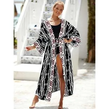 Checked Beach Kimono Cover ups for Women 3/4Sleeve Kimono Duster Light Weight Kimono Cover up Loose Swimwear Cover ups Kimono Robes Open Front Summer Cardigans Beach Cover up with Belt (778 Check)