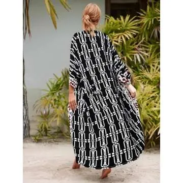 Checked Beach Kimono Cover ups for Women 3/4Sleeve Kimono Duster Light Weight Kimono Cover up Loose Swimwear Cover ups Kimono Robes Open Front Summer Cardigans Beach Cover up with Belt (778 Check)