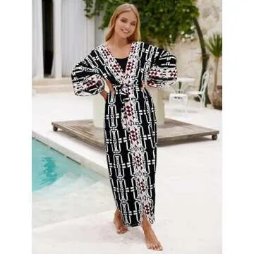 Checked Beach Kimono Cover ups for Women 3/4Sleeve Kimono Duster Light Weight Kimono Cover up Loose Swimwear Cover ups Kimono Robes Open Front Summer Cardigans Beach Cover up with Belt (778 Check)