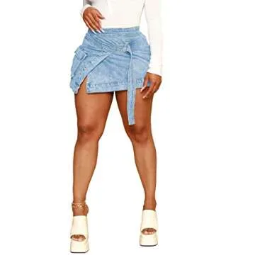 Joriou Women's Sexy Mini Denim Skirts Short Jean Skirt Irregular with Pockets Light Blue XL