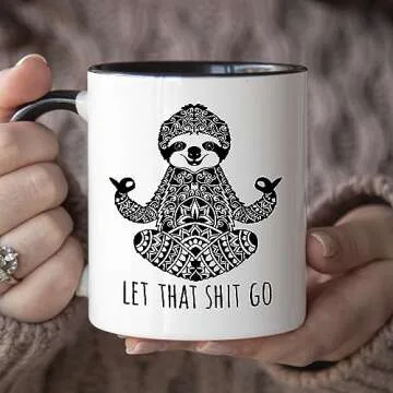 YouNique Designs Let That Shit Go Mug 11 Ounce Sloth Coffee Mug Meditation Gifts Yoga Mugs For Women Yoga Teacher Gifts (Black Handle)