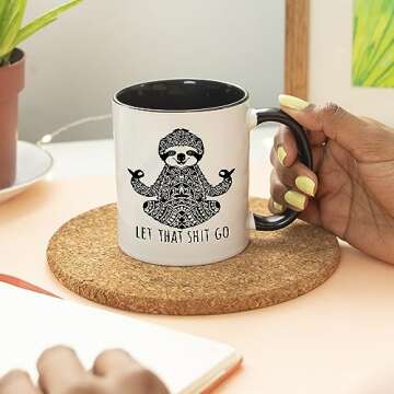 YouNique Designs Let That Shit Go Mug 11 Ounce Sloth Coffee Mug Meditation Gifts Yoga Mugs For Women Yoga Teacher Gifts (Black Handle)