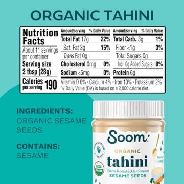 Soom Foods Organic Tahini 11oz (2 Pack) | Roasted & Ground Sesame Seed Paste | Creamy Texture for Hummus, Sauces, Dips, Dressings | Vegan, Peanut-Free, Nut-Free, Gluten-Free, Dairy-Free, Keto, Paleo, Kosher | All-Natural