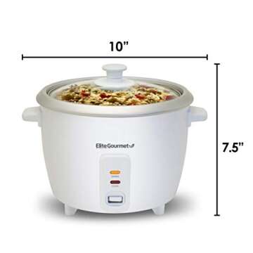 Elite Gourmet ERC-003 Electric Rice Cooker with Automatic Keep Warm Makes Soups, Stews, Grains, Hot Cereals, White, 6 Cups Cooked (3 Cups Uncooked)
