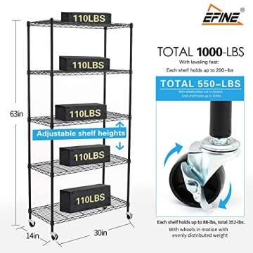 EFINE 5-Shelf Shelving Units and Storage on Wheels with Shelf Liners Set of 5, NSF Certified, Adjustable Carbon Steel Wire Rack for Garage, Kitchen, Office(63H X 30W X 14D)