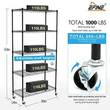 EFINE 5-Shelf Shelving Units and Storage on Wheels with Shelf Liners Set of 5, NSF Certified, Adjustable Carbon Steel Wire Rack for Garage, Kitchen, Office(63H X 30W X 14D)