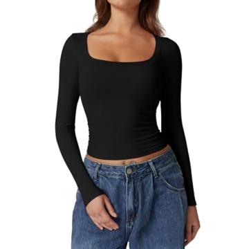 QINSEN Womens 2024 Fashion Long Sleeve Fall Winter Crop Top, High Stretch, Seamless T-Shirt in Black