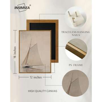 InSimSea Framed Wall Art for Living Room Coastal Wall Decor White Sailboat Seascape Watercolor Vintage Painting Beach Home Decor Boho Wall Pictures Farmhouse Art Prints Bathroom Office 12x16in