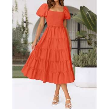 ZESICA Women's Summer Square Neck Short Puff Sleeve Solid Color High Waist Casual Smocked Flowy A Line Tiered Midi Dress,Orange,Medium