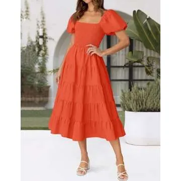 ZESICA Women's Summer Square Neck Short Puff Sleeve Solid Color High Waist Casual Smocked Flowy A Line Tiered Midi Dress,Orange,Medium
