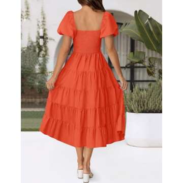 ZESICA Women's Summer Square Neck Short Puff Sleeve Solid Color High Waist Casual Smocked Flowy A Line Tiered Midi Dress,Orange,Medium