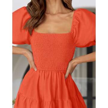 ZESICA Women's Summer Square Neck Short Puff Sleeve Solid Color High Waist Casual Smocked Flowy A Line Tiered Midi Dress,Orange,Medium