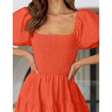ZESICA Women's Summer Square Neck Short Puff Sleeve Solid Color High Waist Casual Smocked Flowy A Line Tiered Midi Dress,Orange,Medium