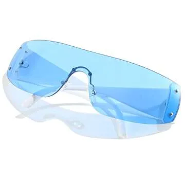 Trendy Rimless Y2K Sunglasses for Women Men,Mirror Shield Wrap Around Sunglasses Oversized Fashion Frameless Sun Glasses (White/Blue)