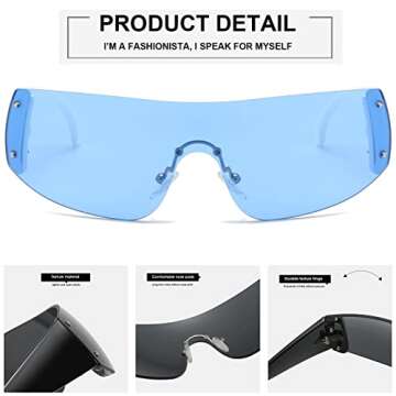 Trendy Rimless Y2K Sunglasses for Women Men,Mirror Shield Wrap Around Sunglasses Oversized Fashion Frameless Sun Glasses (White/Blue)