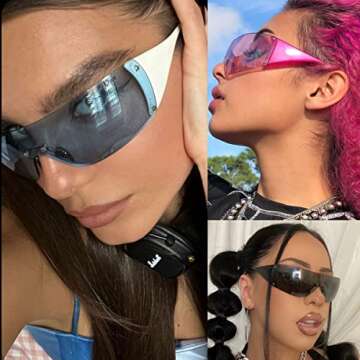 Trendy Rimless Y2K Sunglasses for Women Men,Mirror Shield Wrap Around Sunglasses Oversized Fashion Frameless Sun Glasses (White/Blue)