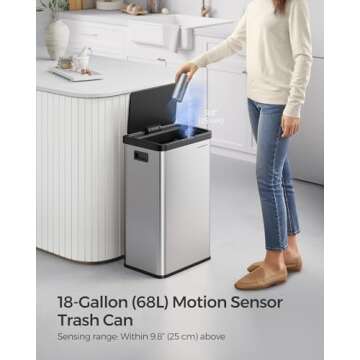SONGMICS Motion Sensor Trash Can, 18-Gallon (68L) Automatic Kitchen Garbage Can with Stay-Open Lid, ...
