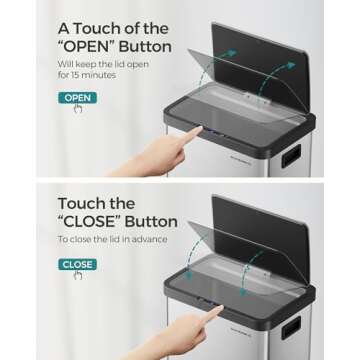 SONGMICS Motion Sensor Trash Can, 18-Gallon (68L) Automatic Kitchen Garbage Can with Stay-Open Lid, Soft Close, Stainless Steel, 15 Trash Bags Included, Metallic Silver ULTB630E68