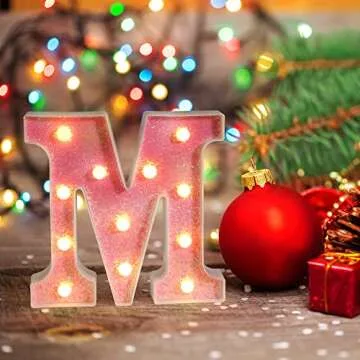 Foaky LED Letter Lights Sign Light Up Pink Letters Glitter Alphabet Letter Sign for Night Light Wedding/Birthday Party Battery Powered Christmas Lamp Girls Gifts Home Bar Decoration（E）