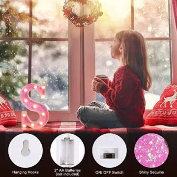 Foaky LED Letter Lights Sign Light Up Pink Letters Glitter Alphabet Letter Sign for Night Light Wedding/Birthday Party Battery Powered Christmas Lamp Girls Gifts Home Bar Decoration（E）