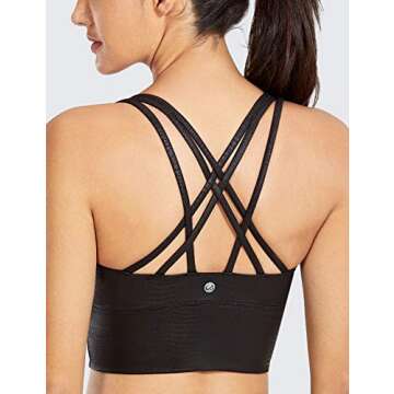 CRZ YOGA Women's Longline Matte Faux Leather Sports Bras - Strappy Wirefree Padded Medium Impact Workout Crop Tank Top Faux Leather Black Lizard Small