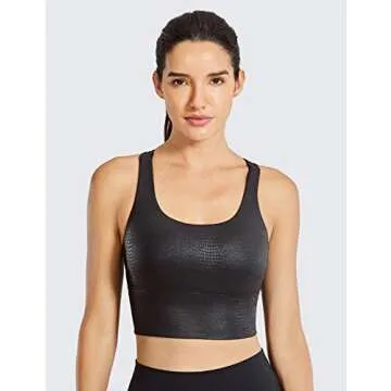 CRZ YOGA Women's Longline Matte Faux Leather Sports Bras - Strappy Wirefree Padded Medium Impact Workout Crop Tank Top Faux Leather Black Lizard Small