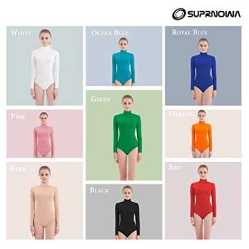SUPRNOWA Women's Long Sleeve Turtleneck Top Bodysuit Mock Neck Stretchy Leotard Jumpsuit Body Suit with Zipper for Dance Gymnastics Cheerleading Fashion (Small, Green)