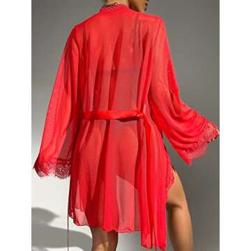 WDIRARA Women's See Through Lace Trim Long Sleeve Belted Short Sheer Robe Kimono Red M