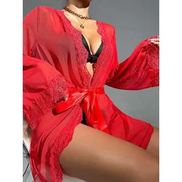 WDIRARA Women's See Through Lace Trim Long Sleeve Belted Short Sheer Robe Kimono Red M