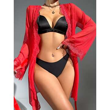 WDIRARA Women's See Through Lace Trim Long Sleeve Belted Short Sheer Robe Kimono Red M