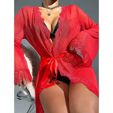 WDIRARA Women's See Through Lace Trim Long Sleeve Belted Short Sheer Robe Kimono Red M