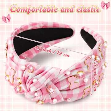 PANTIDE Coquette Pink Bow Jeweled Knotted Headband - Rhinestone Crystal Pearl Embellished Preppy Trendy Headband Wide Top Knot Non Slip Fashion Accessories Birthday Gift for Women Girls (Pink Plaid)