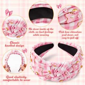 PANTIDE Coquette Pink Bow Jeweled Knotted Headband - Rhinestone Crystal Pearl Embellished Preppy Trendy Headband Wide Top Knot Non Slip Fashion Accessories Birthday Gift for Women Girls (Pink Plaid)