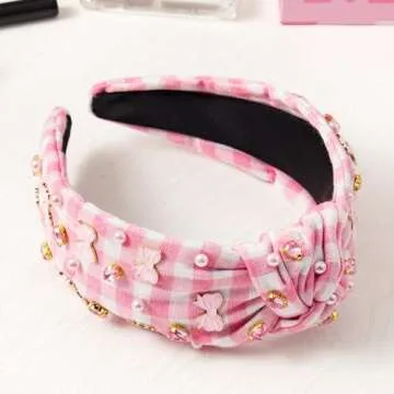 PANTIDE Coquette Pink Bow Jeweled Knotted Headband - Rhinestone Crystal Pearl Embellished Preppy Trendy Headband Wide Top Knot Non Slip Fashion Accessories Birthday Gift for Women Girls (Pink Plaid)