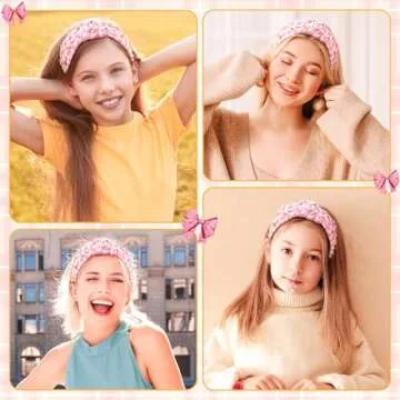 PANTIDE Coquette Pink Bow Jeweled Knotted Headband - Rhinestone Crystal Pearl Embellished Preppy Trendy Headband Wide Top Knot Non Slip Fashion Accessories Birthday Gift for Women Girls (Pink Plaid)