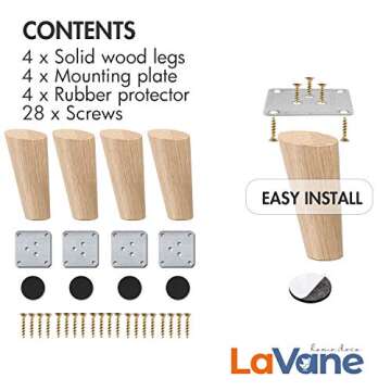 12 inch / 30cm Wooden Furniture Legs, La Vane Set of 4 Solid Wood Oblique Tapered Furniture Replacement Feet with Mounting Plate & Screws for Sofa TV Cabinet Bed Dining Table