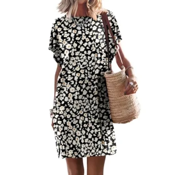 ANRABESS Women’s Summer Short Sleeve T-Shirt Dress Casual Loose Oversized Slit Mini Tee Dress Beac...