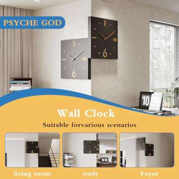 PSYCHE GOD Double Sided Wall Clocks 11.8inch Corner Wall Clock Square Decorative Creative Digital Wall Clock on Both Sides for Living Room Decor