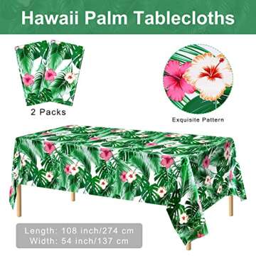 durony 2 Packs Hawaii Palm Leaves Plastic Tablecloths Table Cover 54 x 108 Inches Plastic Hawaii Lua...